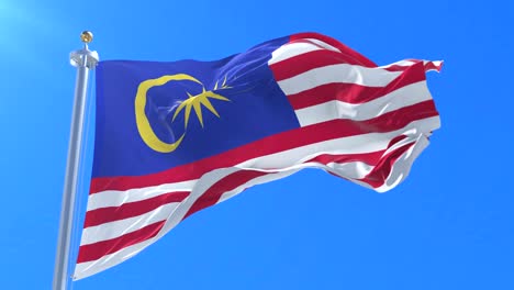 flag of malaysia waving at wind with blue sky in slow, loop