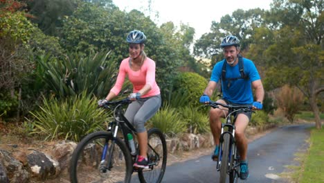 Pareja-Interactuando-Mientras-Anda-En-Bicicleta-En-La-Carretera