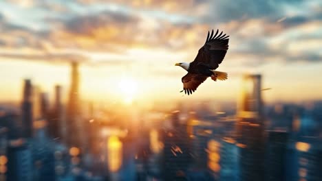 bald eagle soaring over a city at sunset