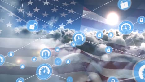 network of digital icons over waving us flag against clouds in the sky