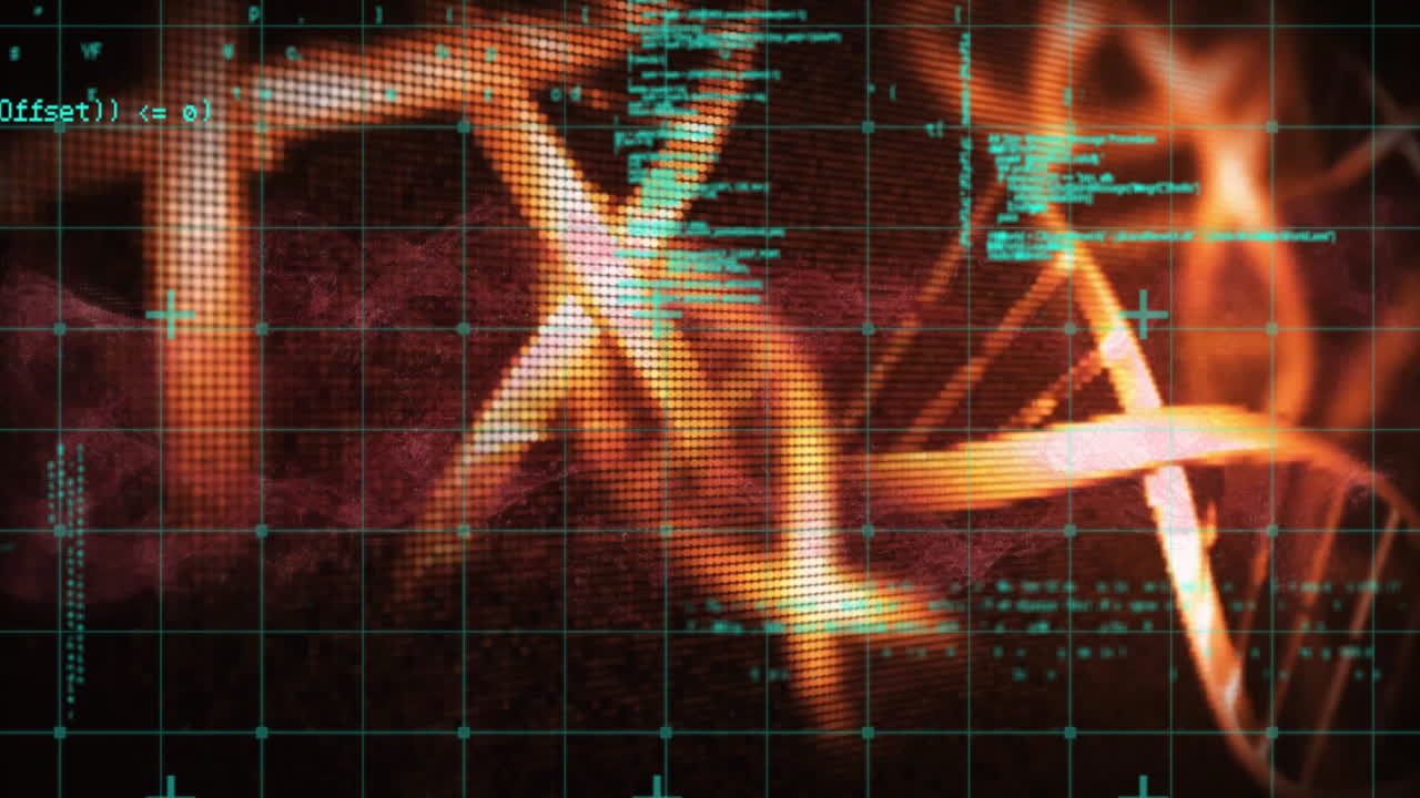 animación de cadenas de adn y secuencias de codificación en el fondo de la cuadrícula