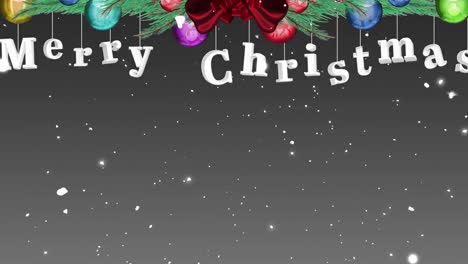 Animation-of-snow-falling-over-hanging-merry-christmas-text-banner-and-decorates-on-grey-background