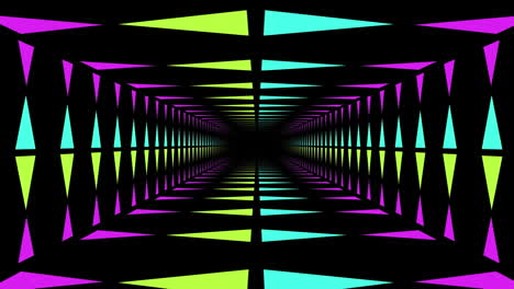 moviéndose a través de un túnel iluminado con neón mientras que los círculos coloridos aparecen en primer plano