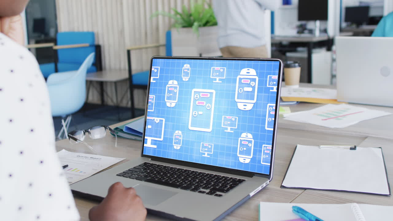 Composition of african american woman using laptop with ai chat on screen