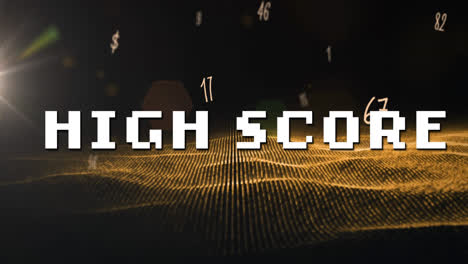 Animation-of-high-score-text-over-data-processing-and-glowing-dots-on-black-background