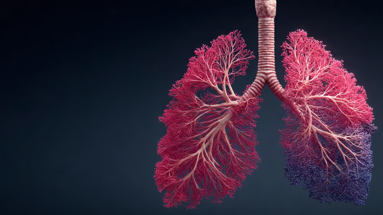 Rappresentazione anatomica dettagliata dei polmoni umani che mostra la struttura bronchiale e gli alveoli in colori vivaci, evidenziando la funzione respiratoria e l'anatomia