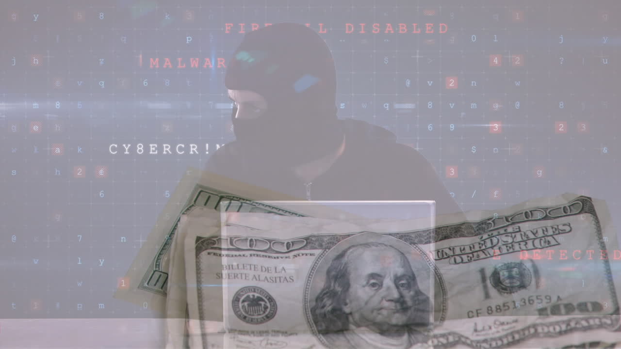 Animation of moving data processing over computer hacker and banknote