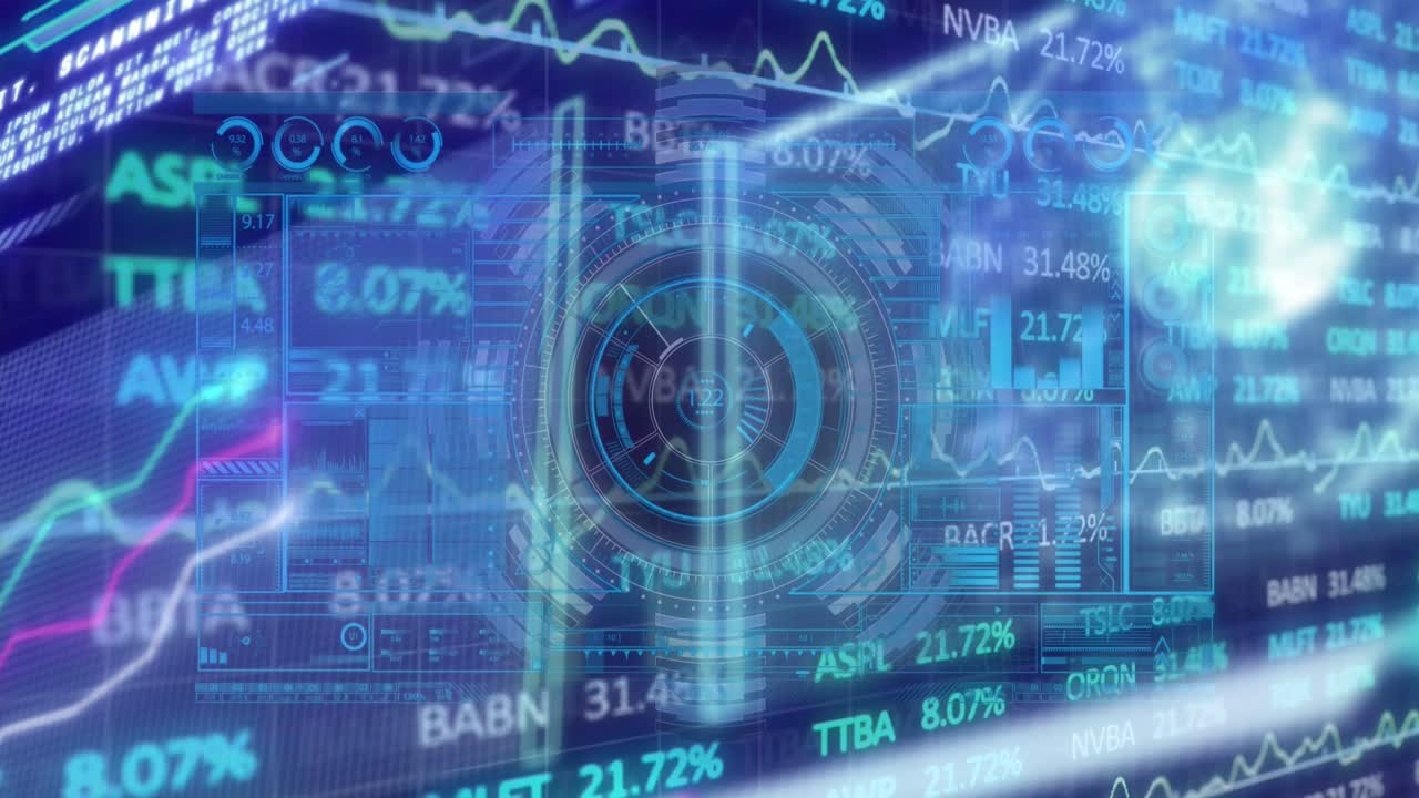 Animazione dell'elaborazione di dati di borsa su interfaccia digitale, su sfondo blu.