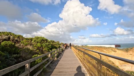 people walking on a coastal boardwalk