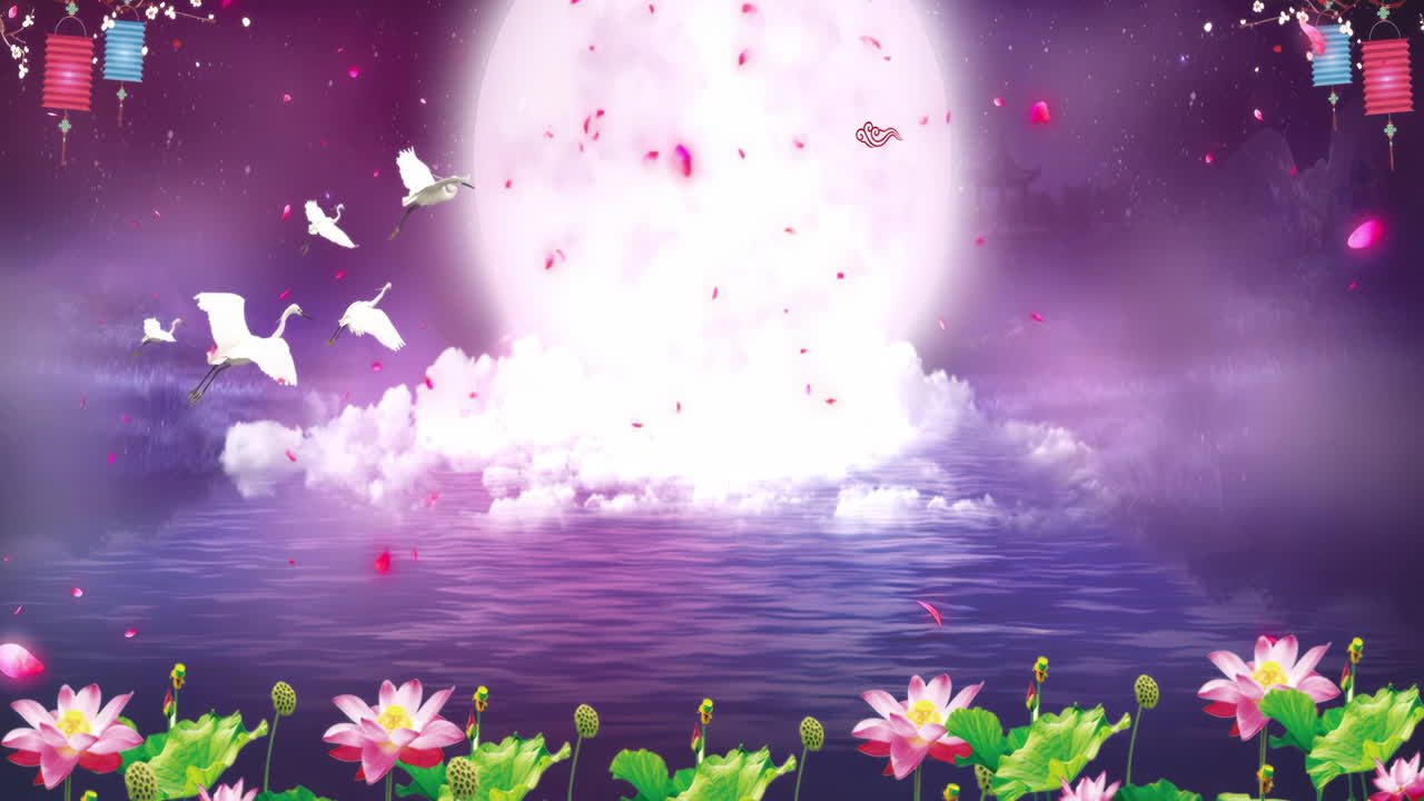 가을 중순 축제 애니메이션 배경은 보름달 하늘에 전통적인 동양 은 등불입니다.