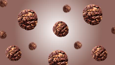 a stream of delicious chocolate chip cookies for breakfast of different diameters diameters  on a trend gradient color backgroun. 4k uhd footage. futuristic design, motion design animation. pop art design, creative christmas sweets food concept