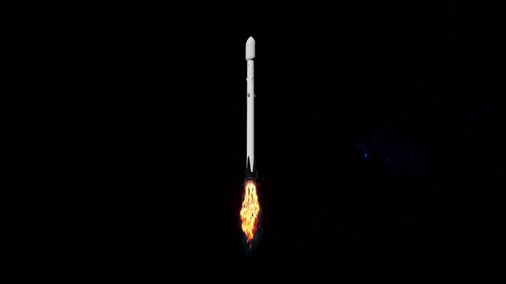 Powerful Rocket Flies Into Space In A Black Sky And Star
