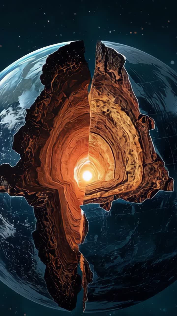Vertical video: Starting blue Earth-like globe revealing molten core in space, with fissure glowing