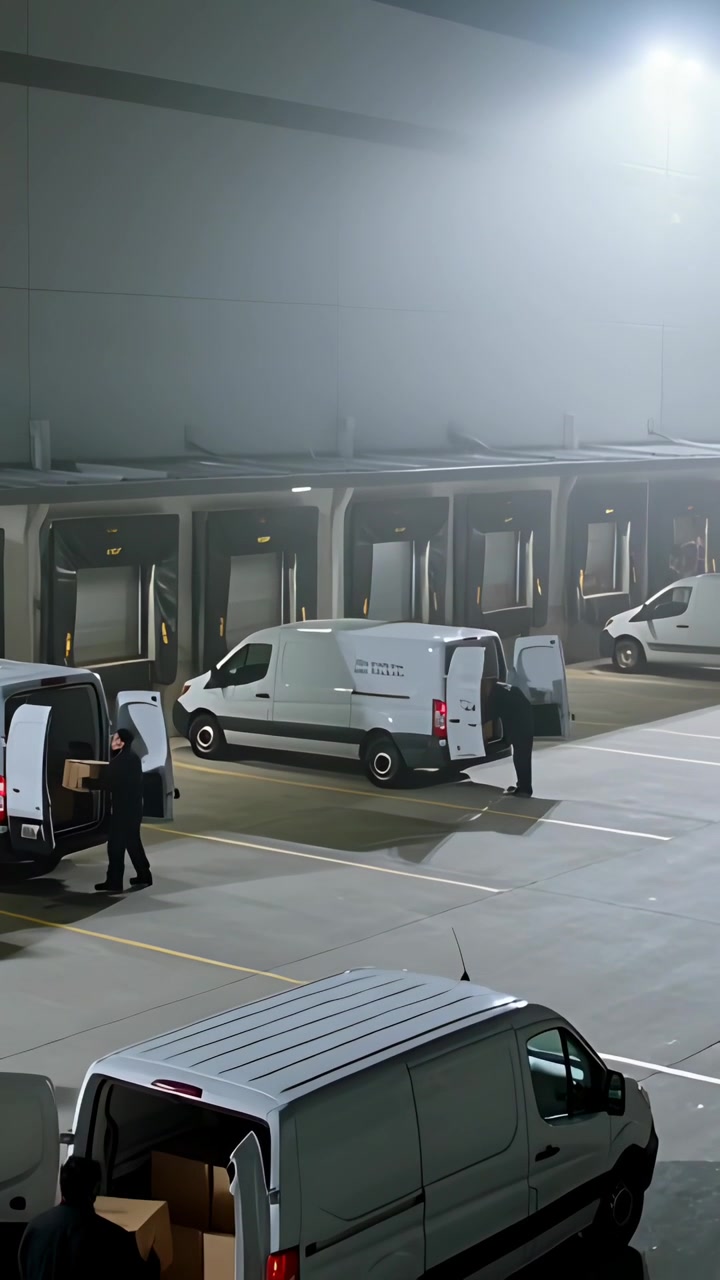 Video verticale: Lavoratore vestito di scuro che cammina con una scatola attraverso la banchina di carico dopo l'apertura posteriore di un furgone.
