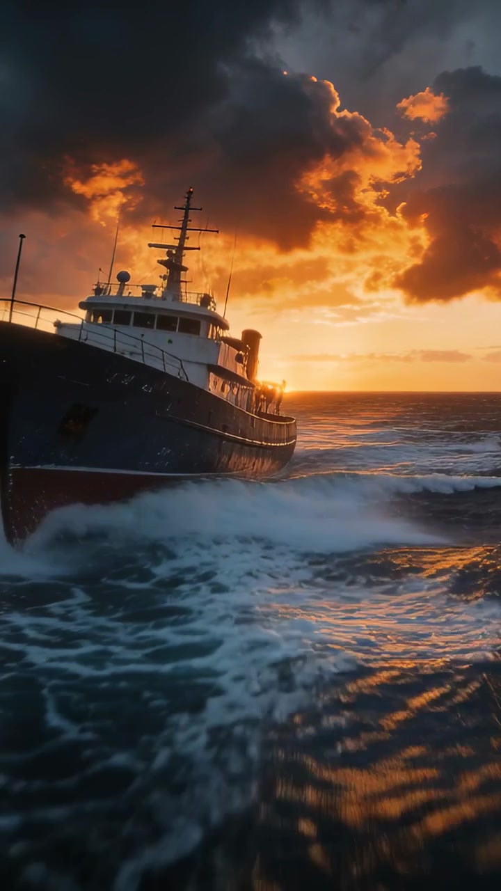 Vídeo vertical: Vento chicoteando ondas impulsionando navio de casco de aço cortando a ondulação ao pôr do sol, mostrando o mastro.