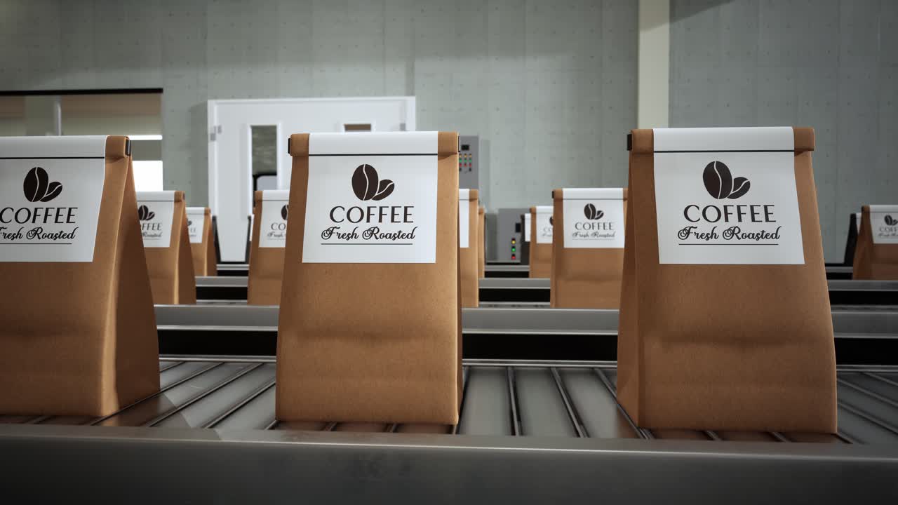Roasted Coffee Beans In Package On Conveyor Belt In Factory. Coffee Production