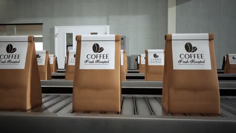 roasted coffee beans in package on conveyor belt in factory. coffee production