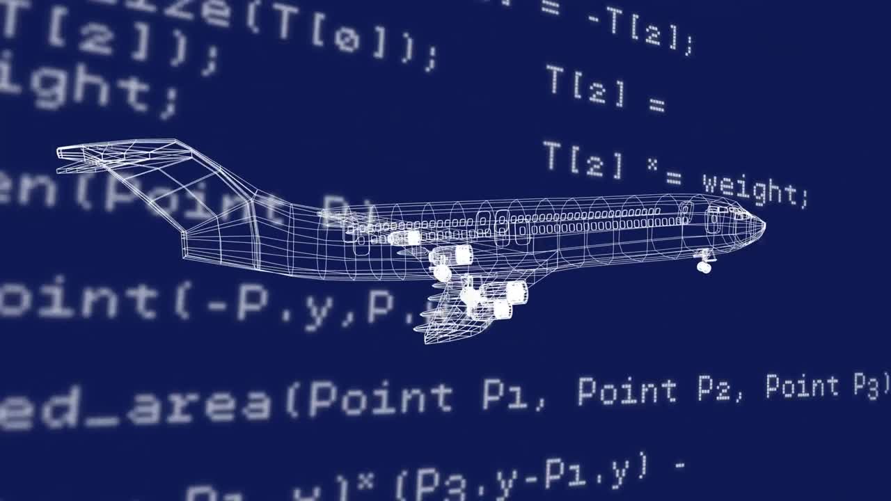 데이터와 파란색 배경에 회전하는 평면 모델