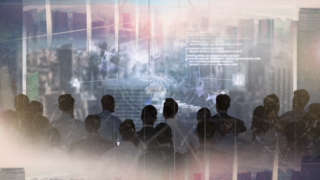 애니메이션 글로브를 보고 있는 마천루에 있는 사업가들