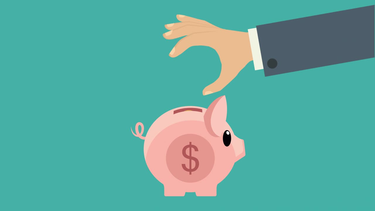 Businessman hand putting dollar coin into the piggy bank. Cartoon animation of Piggy bank being filled with golden coins. Money falls into the piggy bank. Money saving, banking and investment concept.