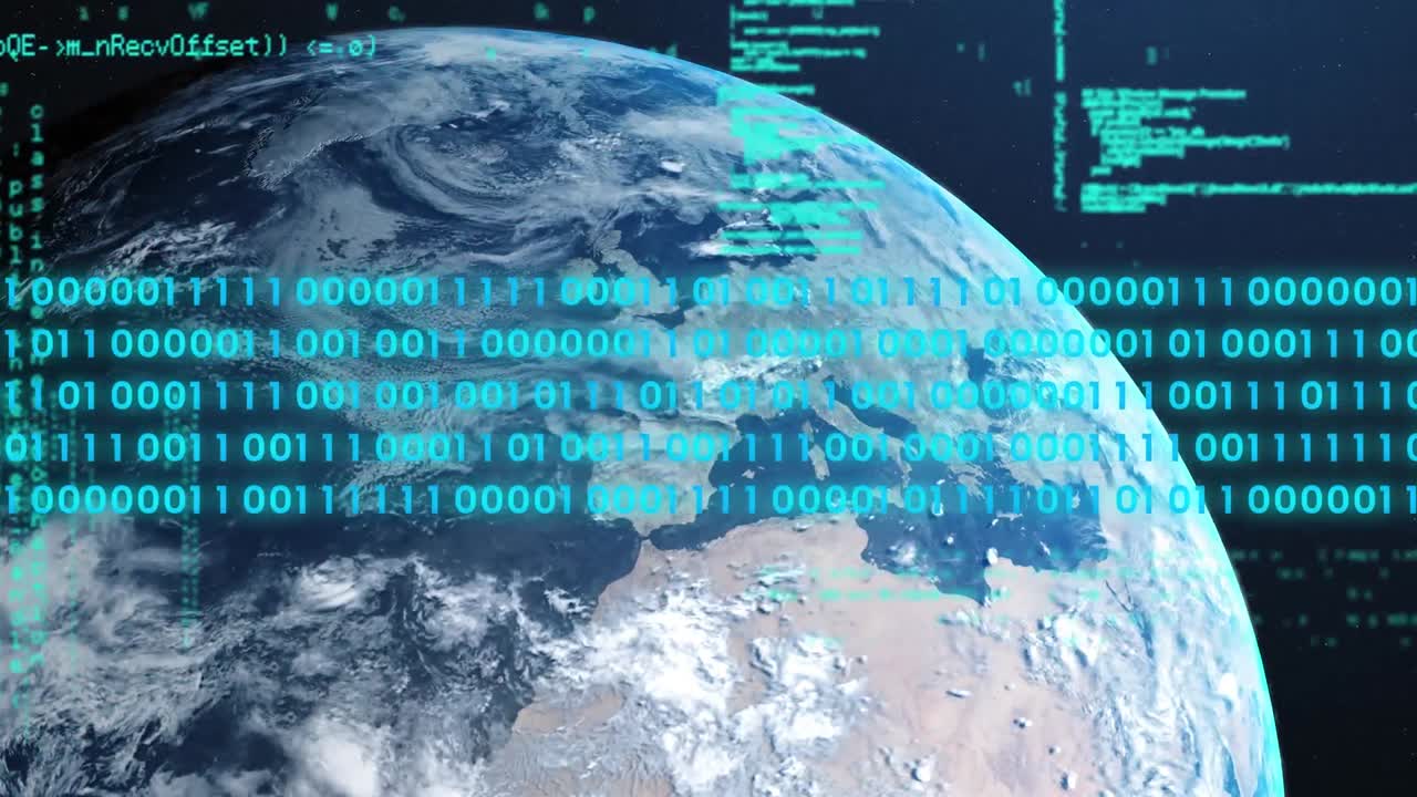 Animation of binary coding and data processing over globe