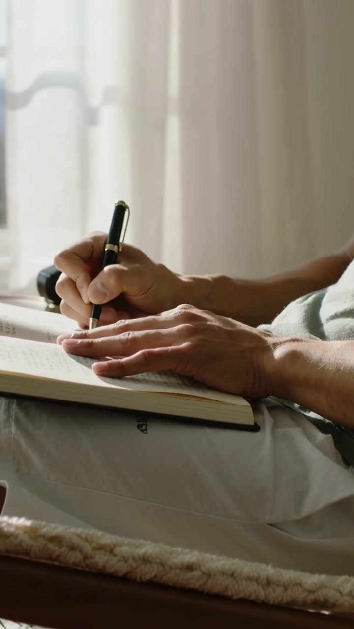 Vertical video: Writing adult hands prompted by pen poised forming journal notes on lap near window