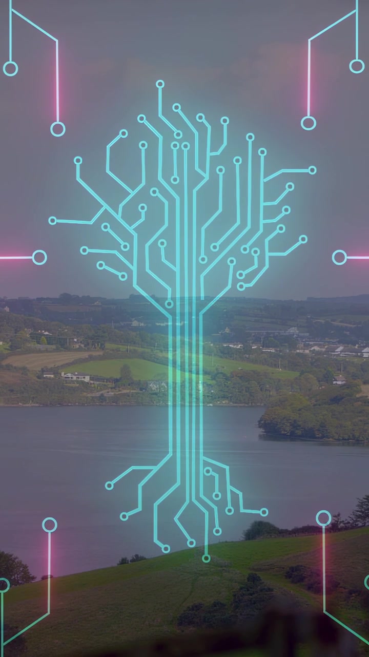 Vertical video: Faint cyan crescent spawning circuit tree forming pulsing showing growth