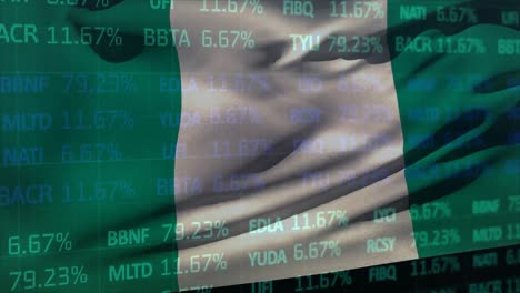 Animation-of-stock-market-data-processing-against-waving-nigeria-flag