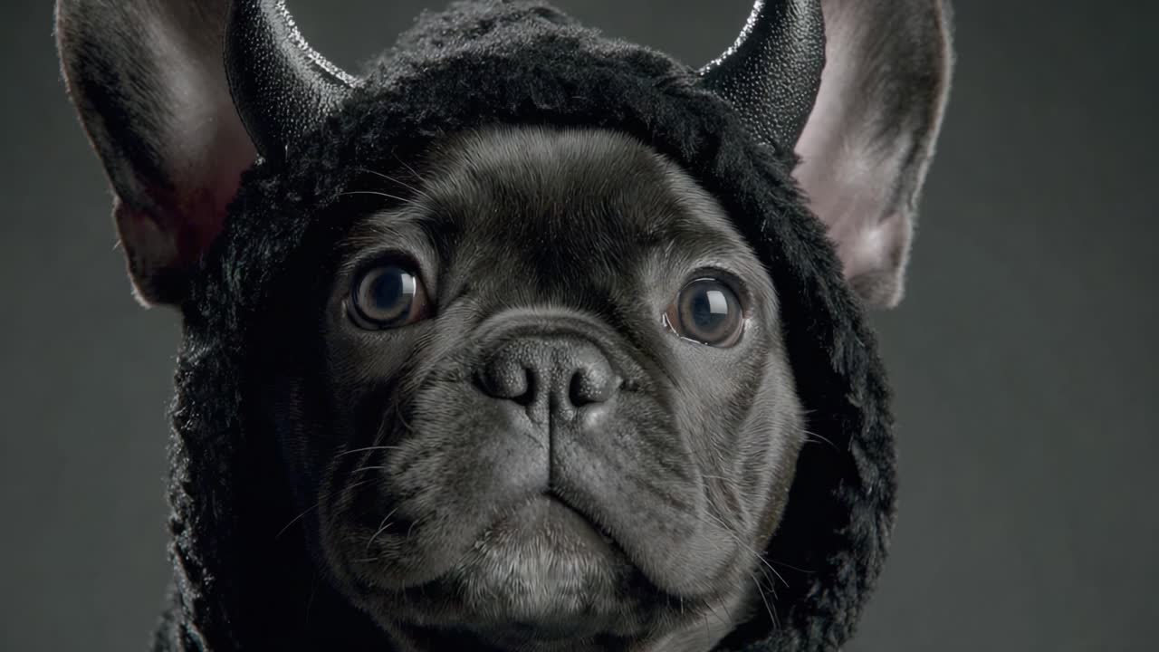 A Charming French Bulldog Dressed in a Devilish Outfit, Sporting Adorable Horns and a Fluffy Black Hoodie Against a Simple Dark Background