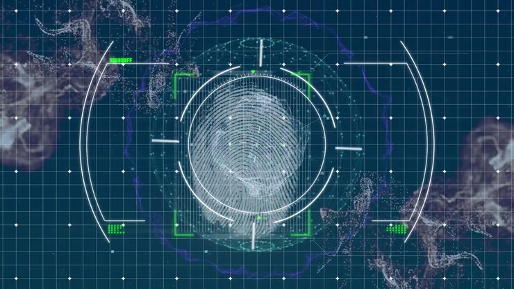 Animation of scope, biometric fingerprint, data processing over network of connections