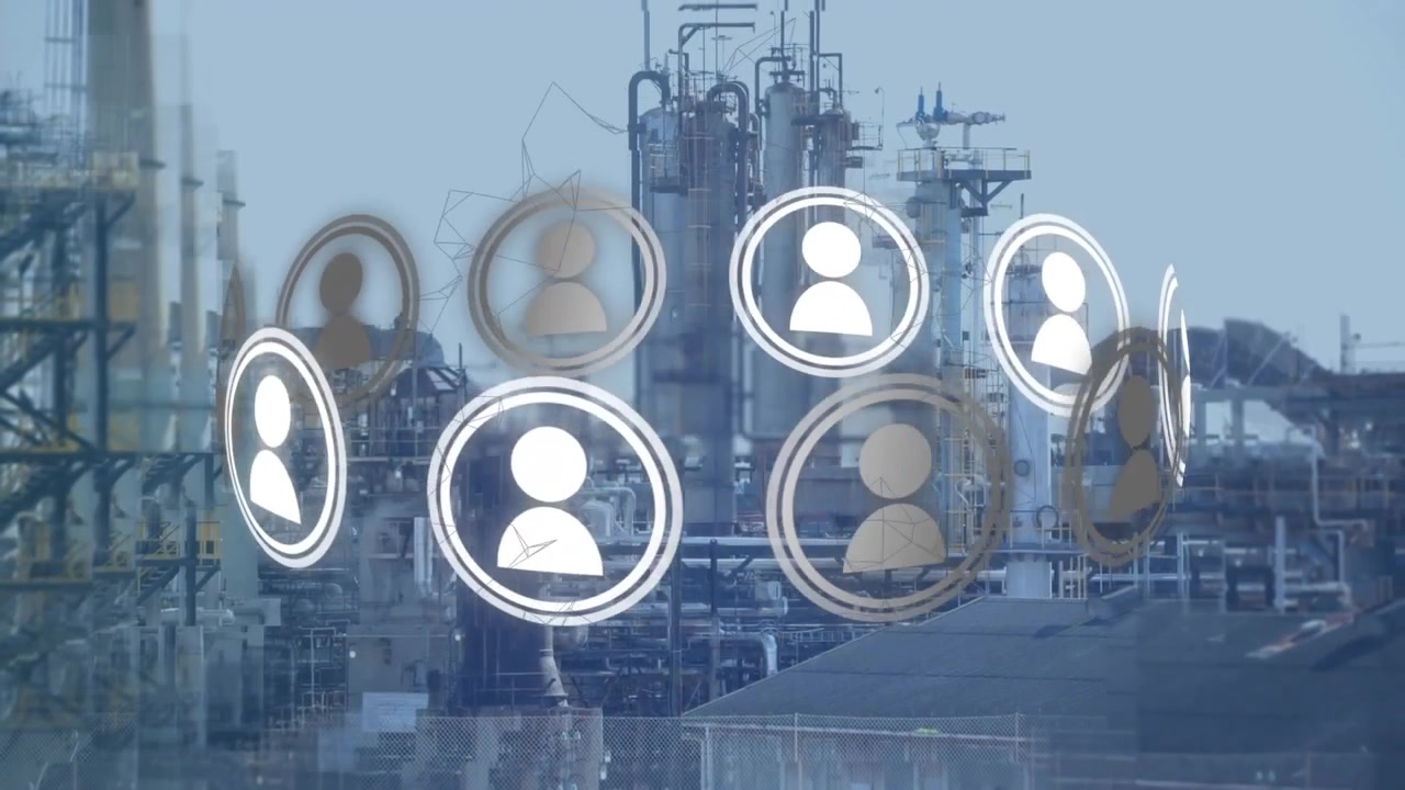 Animation of profile icons and connected dots over aerial view of factory against sky