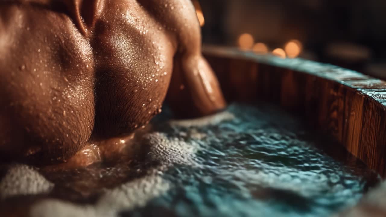A close-up view of a muscular physique immersed in a wooden tub, showcasing glistening skin and droplets of water, emphasizing strength and vitality in a serene environment