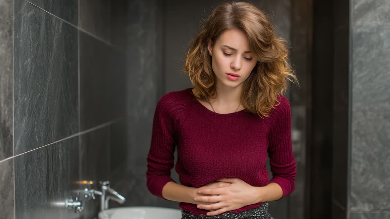A Young Woman Experiencing Discomfort or Pain in a Restroom Setting: A Moment of Vulnerability Captured in Two Frames