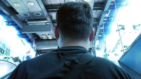 pov to the back of a man while getting up on escalator in summer sunshine day