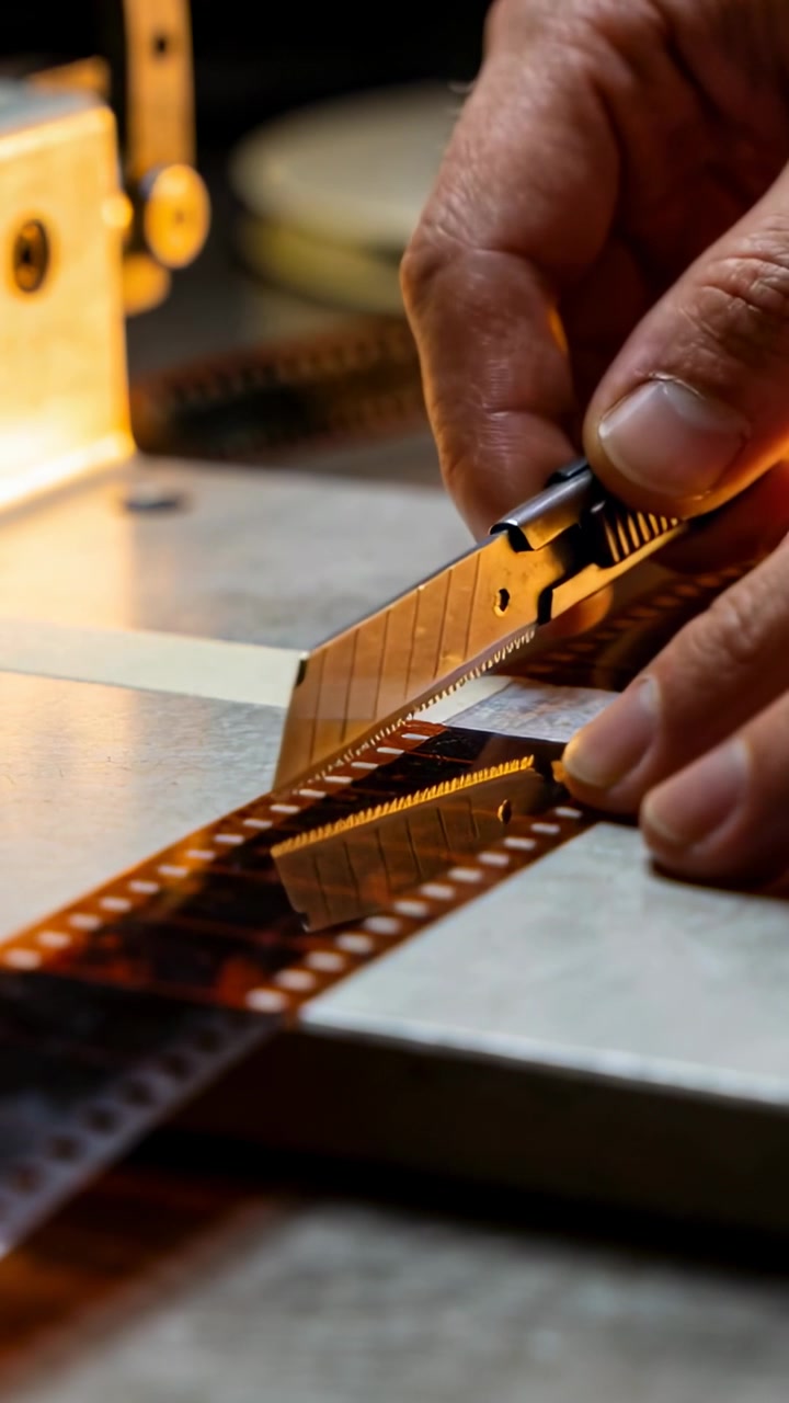 Video verticale: Mani che rifiniscono una cucitura con un coltello dopo aver applicato del nastro, allineando strisce da 35mm.