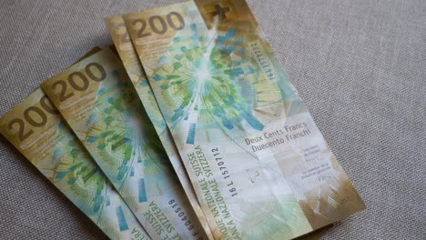 un primer plano de dinero suizo, doscientos francos suizos, billetes en detalle.