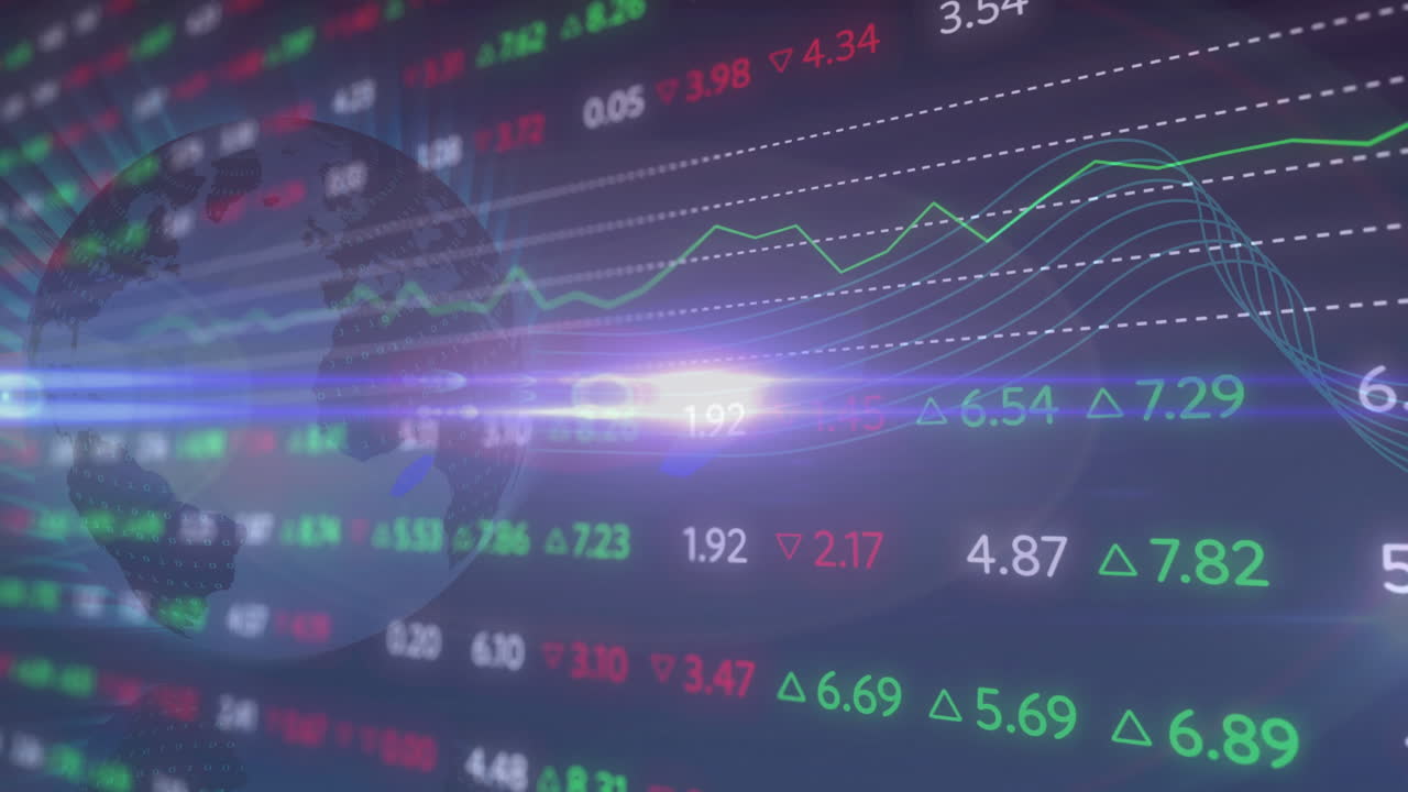 Dati di borsa e tendenze finanziarie globali in animazione su globo digitale