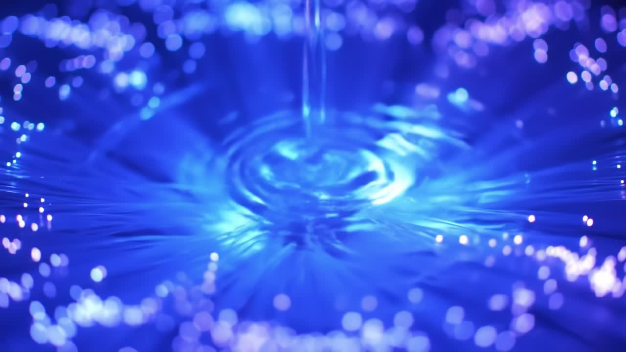 Clear water creates beautiful ripples as it flows, surrounded by shimmering blue light. The tranquil atmosphere invites calmness and relaxation.