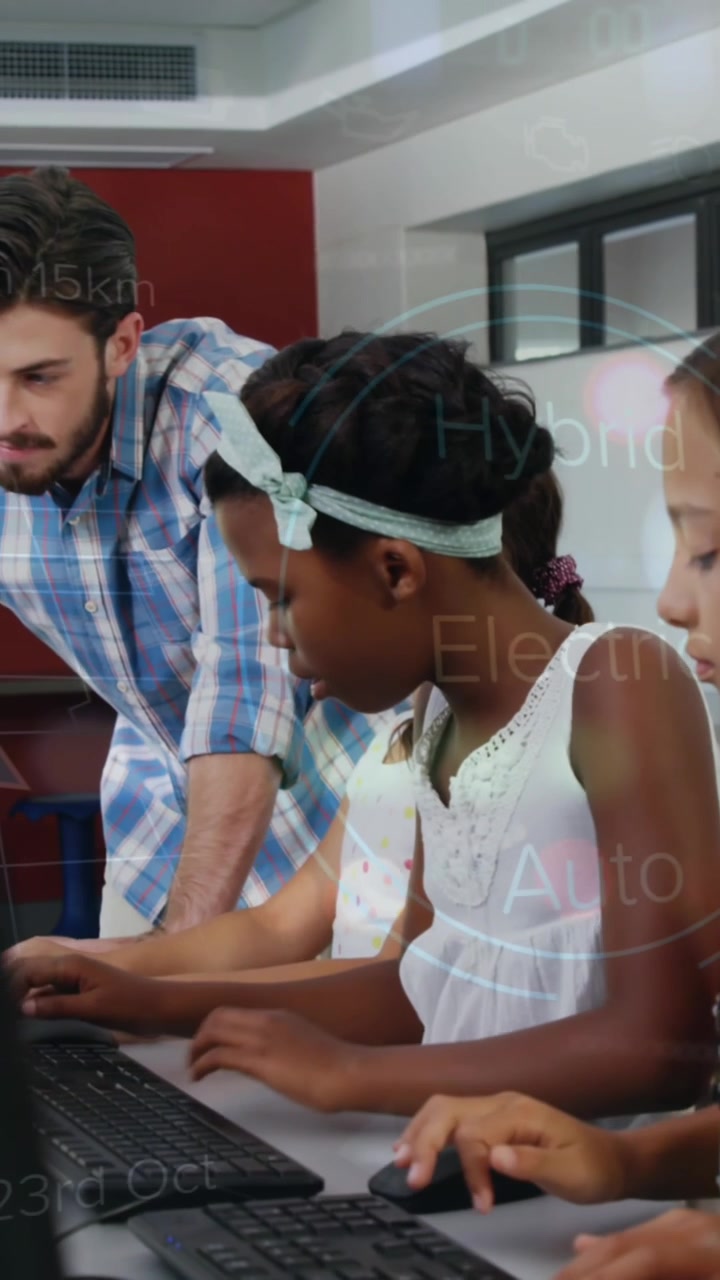 Animation of data processing over caucasian male teacher with diverse schoolchildren using computers
