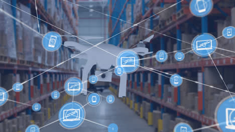 animation of network of connections with icons over warehouse and drone