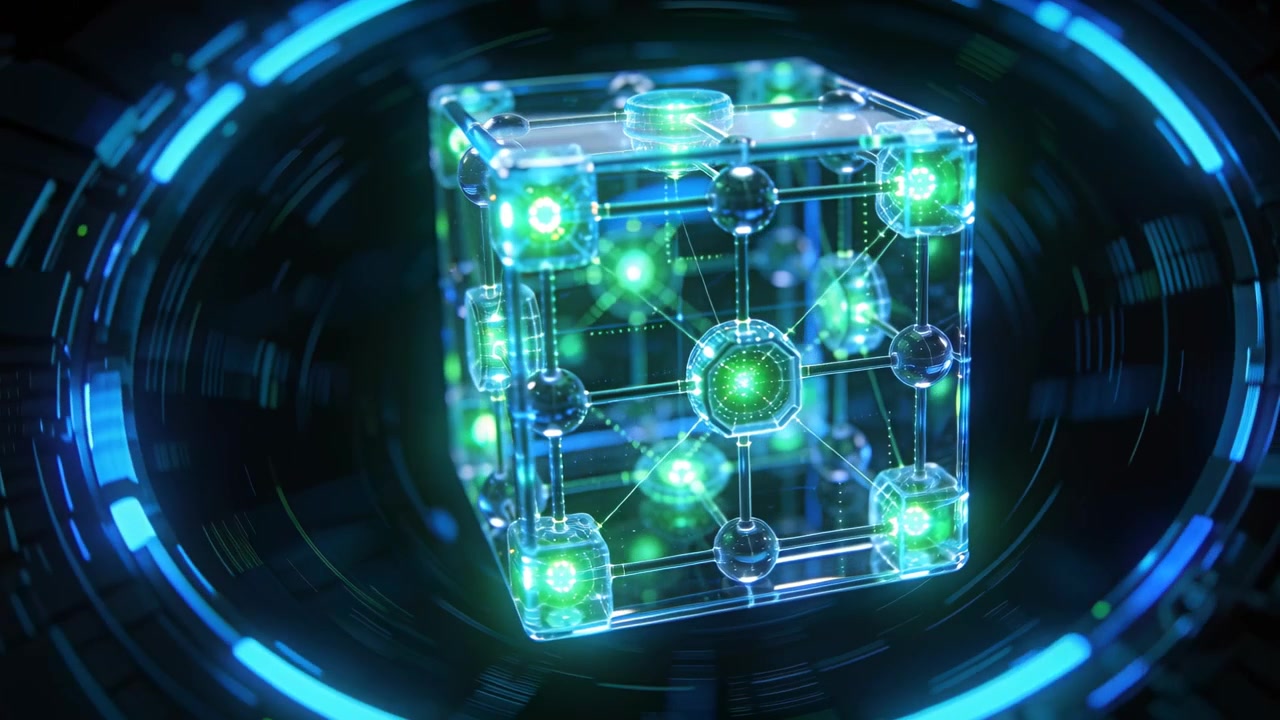Rotating cube lattice pulsing along rods in future chamber, with blue ring activating central node