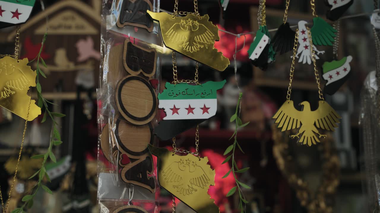 Cinematic close-up of traditional accessories in the Old City market of Damascus, Syria, showcasing local craftsmanship, culture, and historic market atmosphere