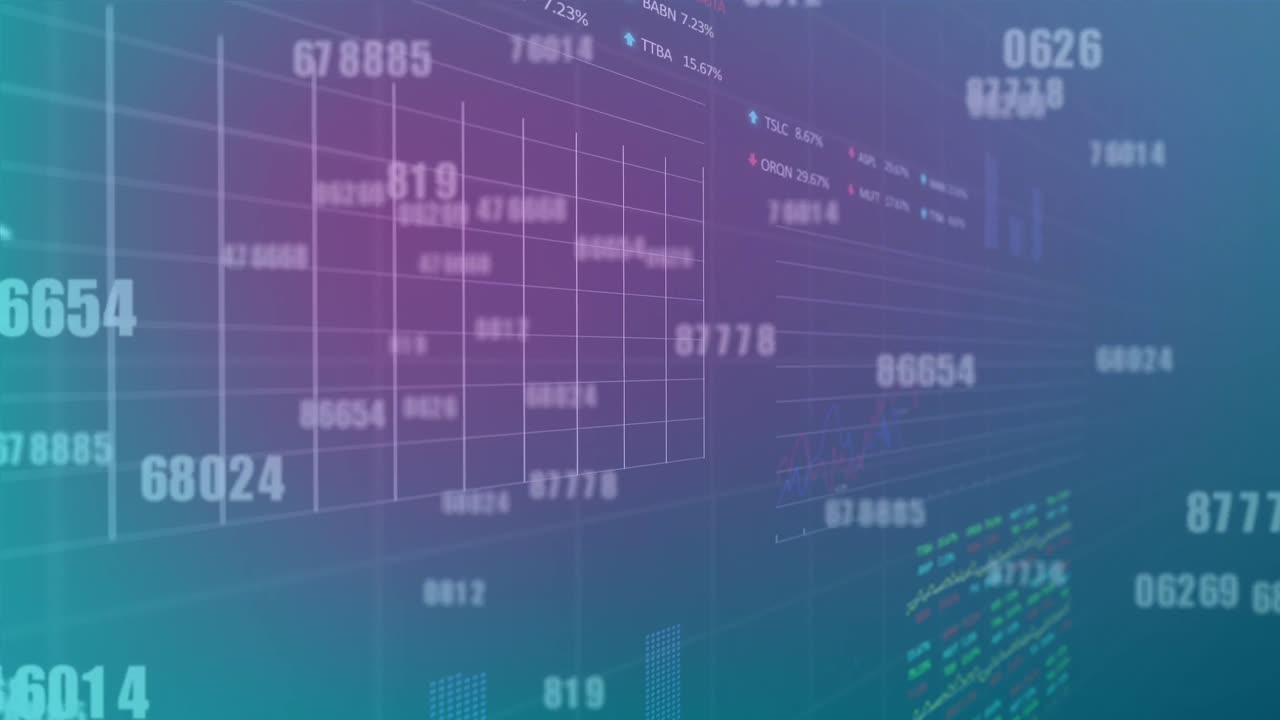 Animation of changing numbers, statistical, stock market data processing on gradient background