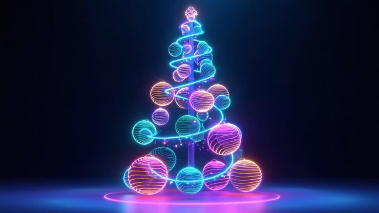 A Stunningly Vibrant and Animated Christmas Tree with Glowing Ornaments and Spiraling Lights, Radiating Festive Cheer and Holiday Spirit in a Dark Environment