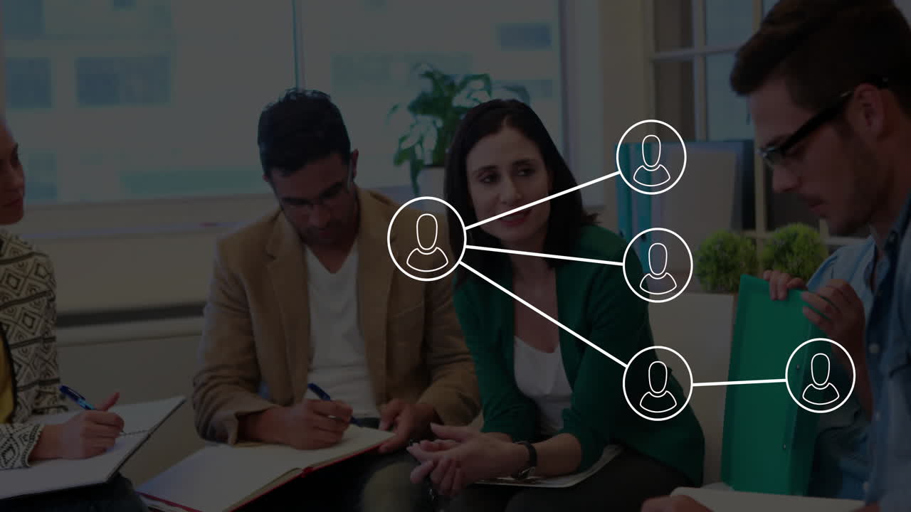 Discussing strategy, business team with network connections animation in meeting room