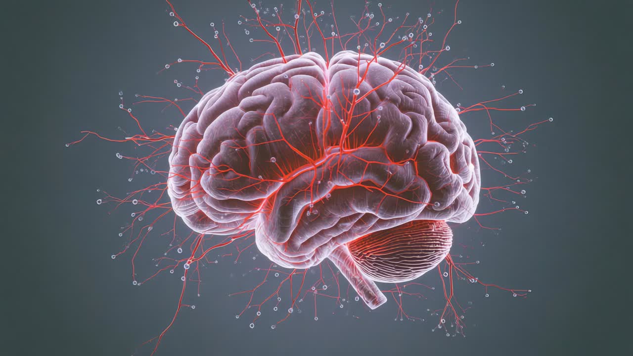 Pulsing 3D brain from frames, extending red filaments and nodes in gray studio simulating activity
