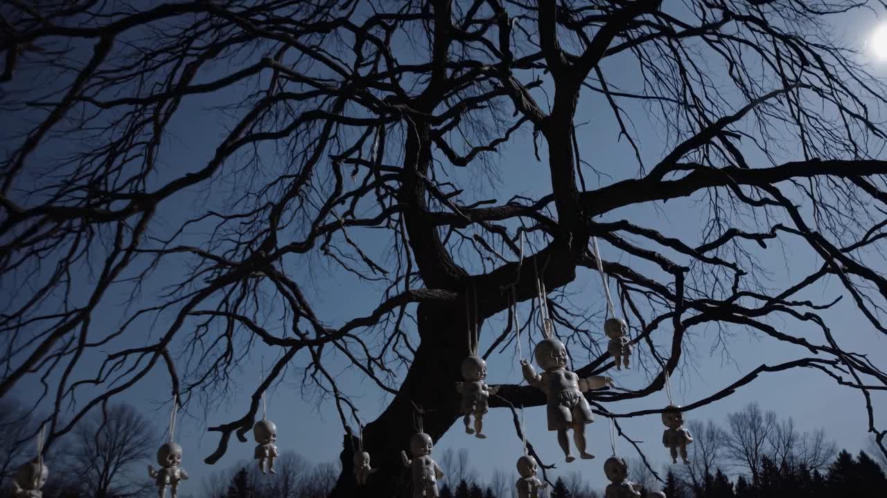 Eerie scene of a gnarled tree silhouetted against a moonlit sky, adorned with hanging dolls, creating a haunting atmosphere of mystery and intrigue in nature