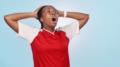 surprise, reaction and black woman watching sport