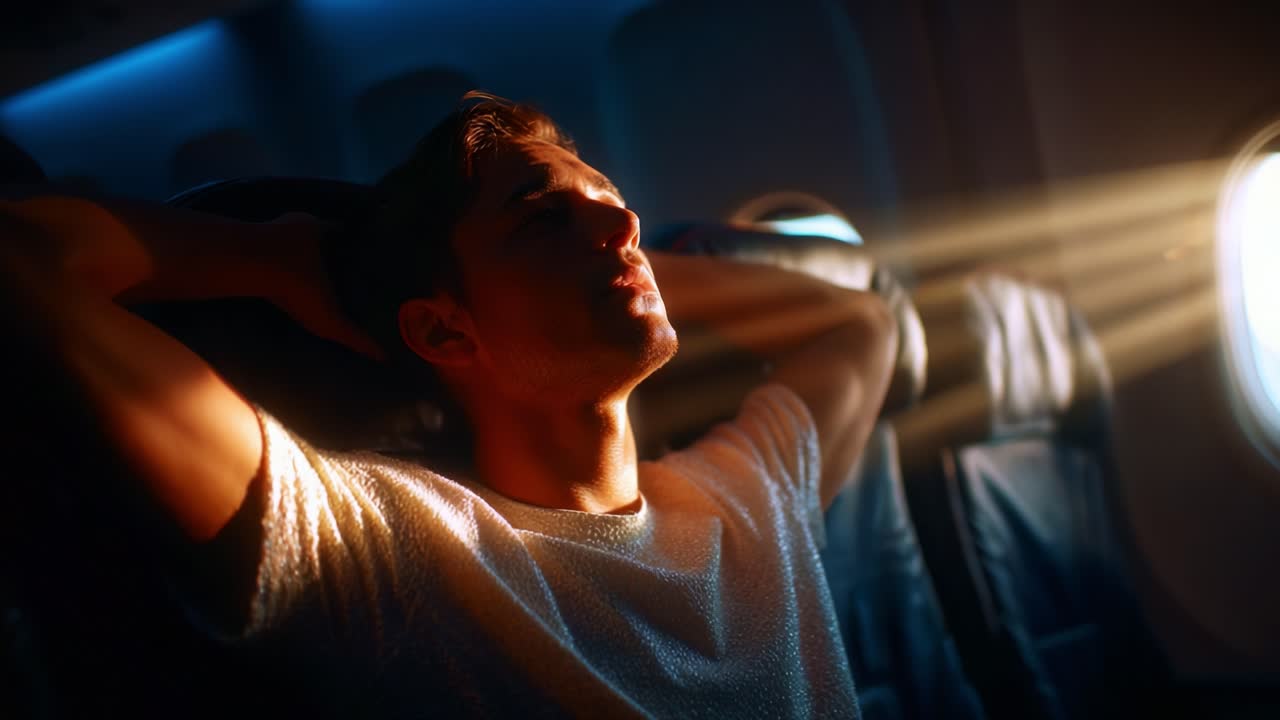 A tranquil moment captured inside an airplane, showcasing a young man in deep thought as light beams through the window, emphasizing a serene atmosphere during his flight experience
