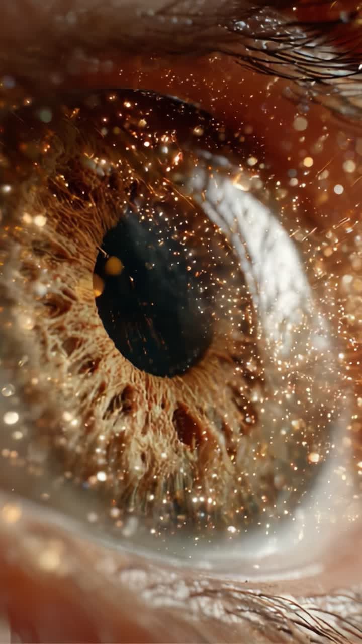 Primo piano accattivante di un occhio decorato con particelle scintillanti, che mostra dettagli intricati e una luce mistica in una prospettiva artistica unica